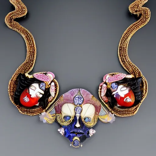 Prompt: beautiful artnouveau style necklace made of the face of a demoness and vampiress showing love with gem flowers in the style of René lalique