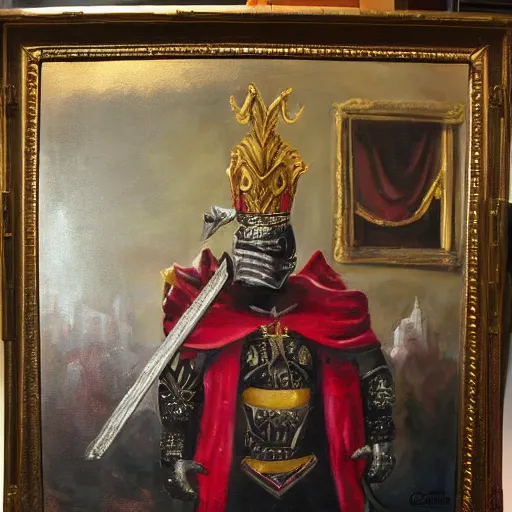 Image similar to oil painting of trump in midevil armor in castle on throne