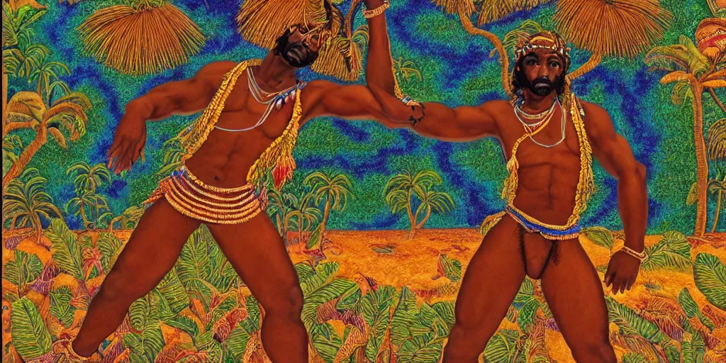 Image similar to an abstract tropical landscape, portrait of a dark - skinned greek god dancing. 2 4 mm, photorealistic, directed by mati klarwein