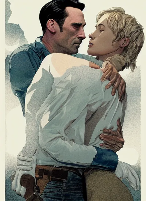 Prompt: poster artwork by Michael Whelan and Tomer Hanuka, Karol Bak of Naomi Watts & Jon Hamm husband & wife portrait, in the pose of Brokeback Mountain poster, from scene from Twin Peaks, clean, simple illustration, nostalgic, domestic, full of details