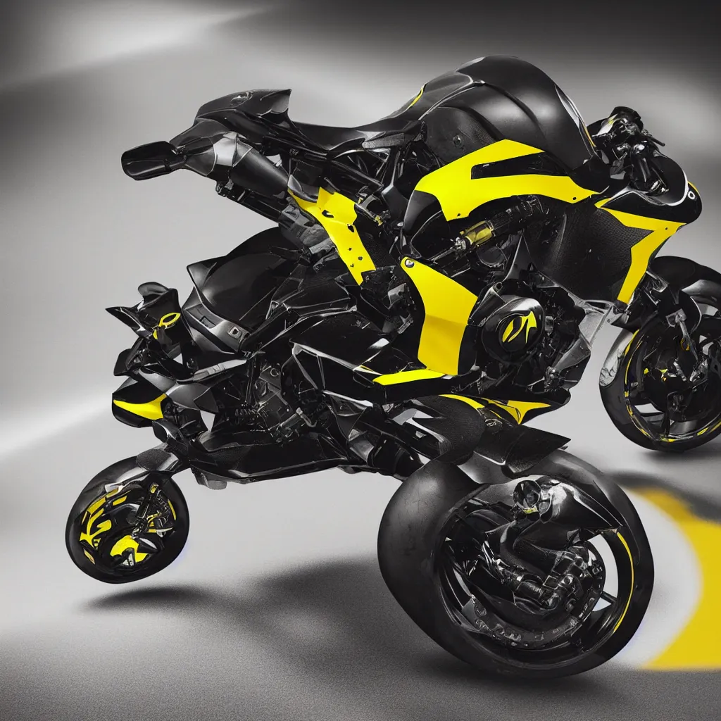 Prompt: “Hyper realistic motorbike on track, black color, yellow details, carbon fiber, superbike, streetfighter ,design, Cinematography, mega scans, cinematic, hyper realistic, photo real, cinematic compositoio, highly detailed, vray, 8k render, high rendering”