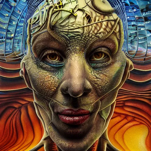 Image similar to full face close up portrait, sandman's visions of chaos in a cybernetic dreamscape, by peter woodroffe, by igor morski, by laurie lipton, in a jungle, cinematic lighting, volumetric lighting, neosurrealism, realistic shadows, particle effects, rendered in octane, noir, electric, cosmic, dream