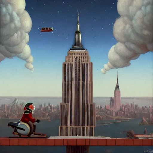 Image similar to Jetpack Santa flying past the empire state building greg rutkowski giorgio de chirico john currin clarence holbrook carter mark ryden simon stalenhag