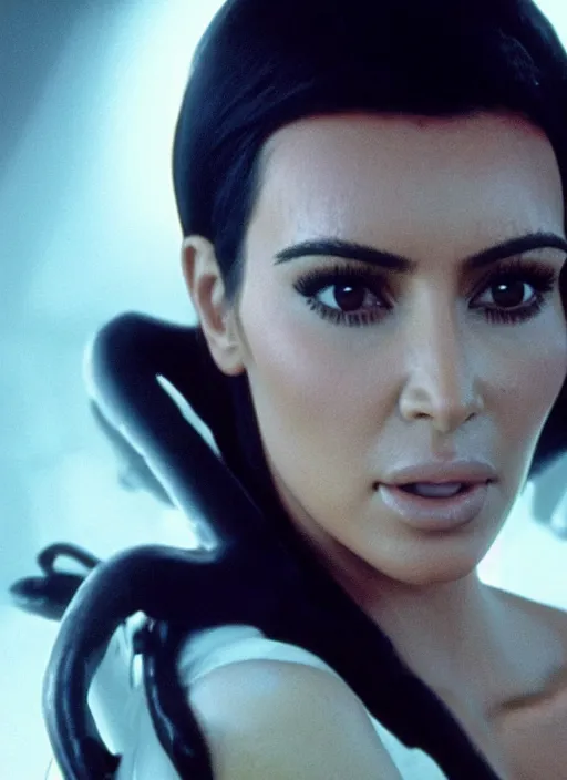 Image similar to film still of kim kardashian in the movie Alien, facehugger mounted on face, unconscious, cinematic shot, 4k.