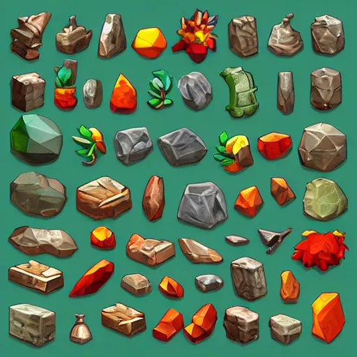 Prompt: Set of high quality HD sprites, low poly, vegatation, stones, tools, monuments