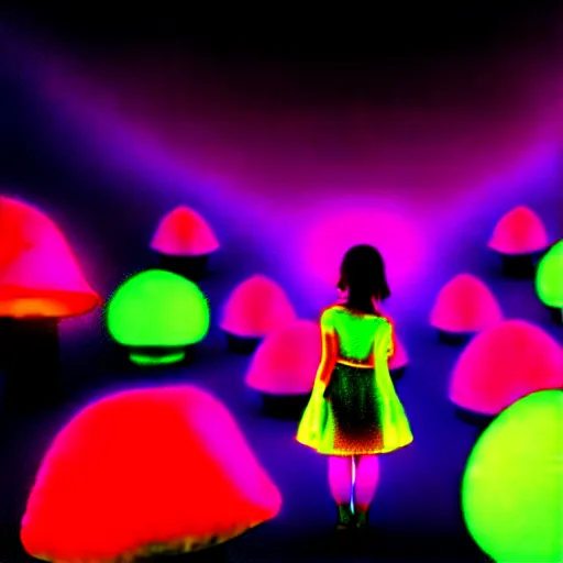 Image similar to Little girl wandering among many giant glowing mushrooms, Neon colors, psychedelic art, trippy, 4k, HQ, Trending on Artstation