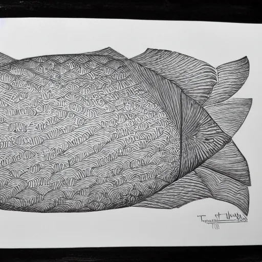 Prompt: tessellated fish, pencil art, mc escher