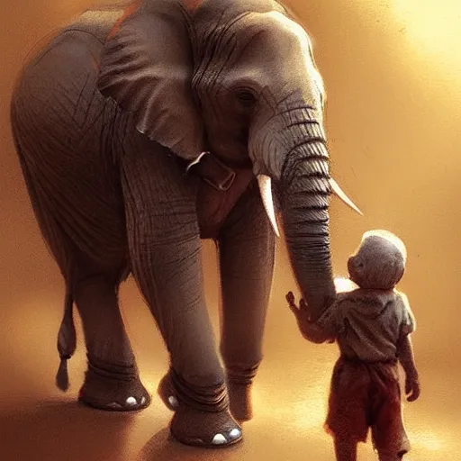 Prompt: A Elephant explorer holding a human cub in his hands artwork by Craig Mullins, artstation trending, cinematic lighting