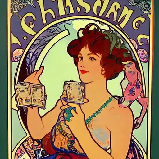 Image similar to a vintage poster with border of a Caucasian fortune teller lady with curly hair, a spread of tarot cards on a table, cats on her side, in a colorful tent, Alphonse Mucha poster ,