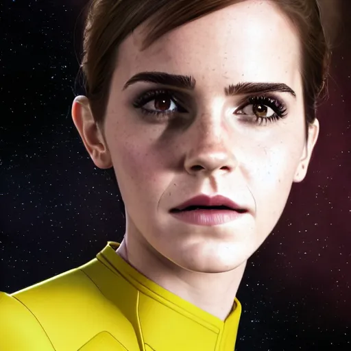 Image similar to a portrait of emma watson as a star fleet officer from star trek next generation, ultra rendered extreme realism and detail, 8 k, highly detailed, realistic, completely framed, pbr, surreal, hyper realistic, colorful, direct lighting, 3 5 mm photo, photorealistic, sharp focus