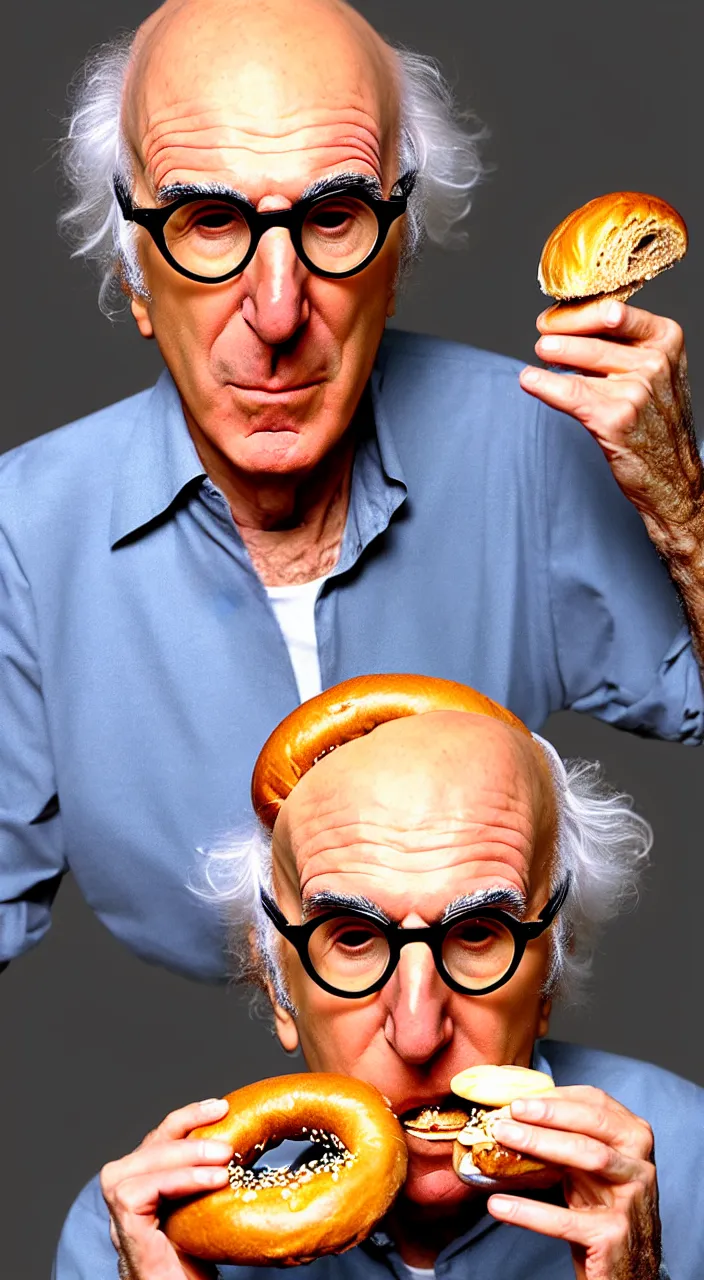 Image similar to larry david eating a bagel in the style of salvador dali hyper realistic, 8 k, hd