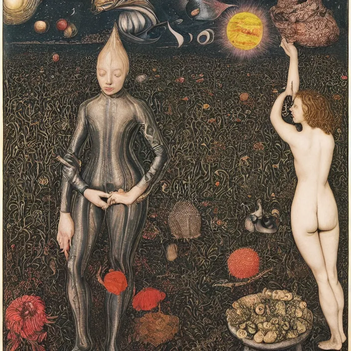 Prompt: a wide landscape with a tattood alien girl with fish scales and feathers changing into a plant while the stars shine above like flower by jan van eyck, ernst fuchs, nicholas kalmakoff, joep hommerson, character, full body, catsuit, max ernst, hans holbein, lace