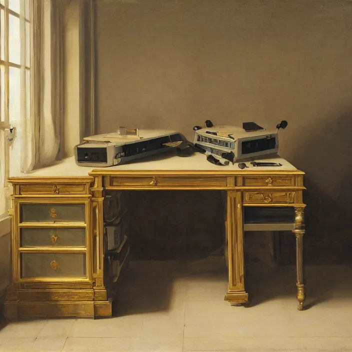 Image similar to still life painting of a retro electronics supercomputer desk workstation by pieter claesz, oil on canvas, strong lighting, highly detailed, hyper realism, golden hour, god rays, hd, 4 k