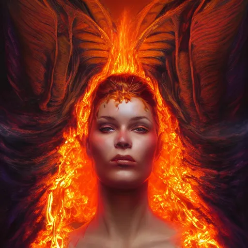 Prompt: A stunning portrait of a goddess, her body made of flames, by Jim Burns, 8K UHD, intricate, fantasy, Trending on artstation.