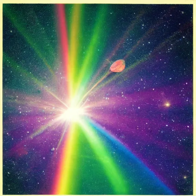 Image similar to rainbow beam of shiny light in space, vintage