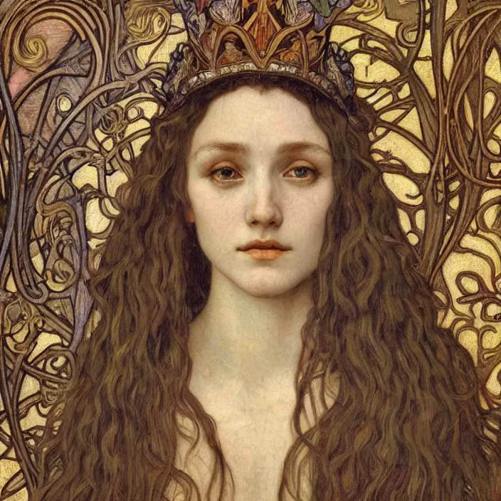 Image similar to detailed realistic beautiful young medieval queen face portrait by jean delville, alphonse mucha, vincent van gogh, and marco mazzoni, art nouveau, symbolist, visionary, gothic, pre - raphaelite