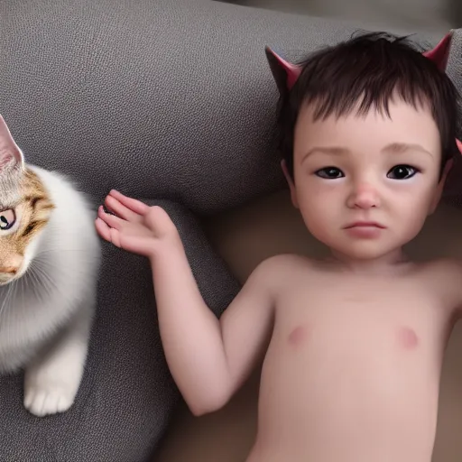 Prompt: 2 cats hold a baby human, cinematic, unreal engine, high quality, detailed