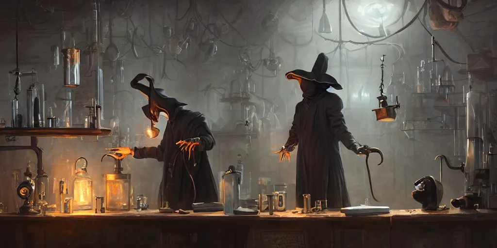 Image similar to a plague doctor and a humanoid rat in a laboratory with lots of flasks filled with magic liquids and poisonous fog, stephen bliss, unreal engine, fantasy art by greg rutkowski, loish, rhads, ferdinand knab, ilya kuvshinov, rossdraws, tom bagshaw, global illumination, radiant soft light, detailed and intricate environment