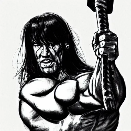 Prompt: concept art conan the barbarian doing bicep curls with heavy weight