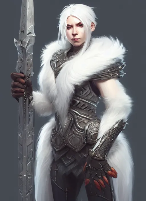 Image similar to fur - lined armor!!! beautiful and elegant white haired female!! gorgeous ayes!! character concept art, sharp focus, octane render! unreal engine 5! highly rendered!! trending on artstation!! detailed linework!! illustration by bussiere rutkowski andreas rocha