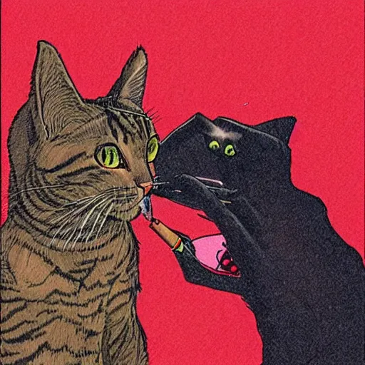 Prompt: a red tabby cat smoking a cigarette, drawn by Moebius