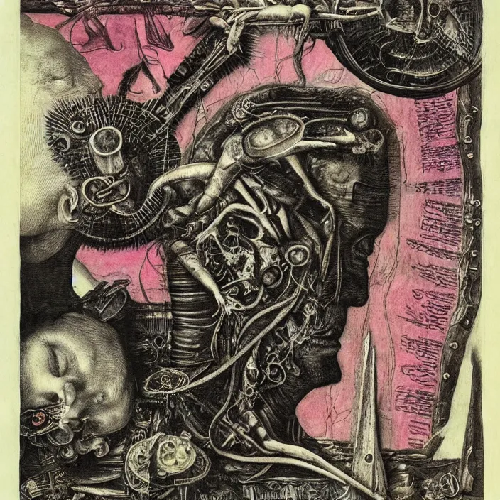 Image similar to post - punk new age album cover, asymmetrical design, dollar bank notes, capitalism, magic, apocalypse, psychedelic, black white pink, highly detailed, magic, giger h. r., giuseppe arcimboldo