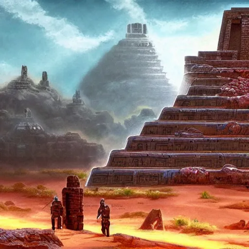 Prompt: spacecraft landing at an ancient Aztec temple. epic sci-fi fantasy artwork by Sylvain Lorgeou. Trending on artstation