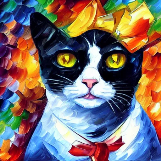 Prompt: portrait painting of a tuxedo cat wearing a silver crown and necklace by Leonid Afremov