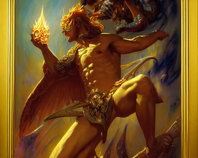 Image similar to attractive pagan male deity, casting chaos magic, summoning handsome lucifer morning star. highly detailed painting by gaston bussiere, craig mullins, j. c. leyendecker 8 k