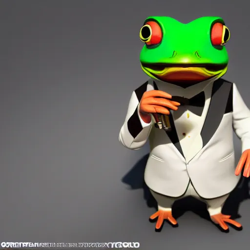 Image similar to a high quality photo of an antropomorphic mafia frog wearing a suit smoking a cigar, 3d scene, render, ultra realistic, artstation, cgsociety