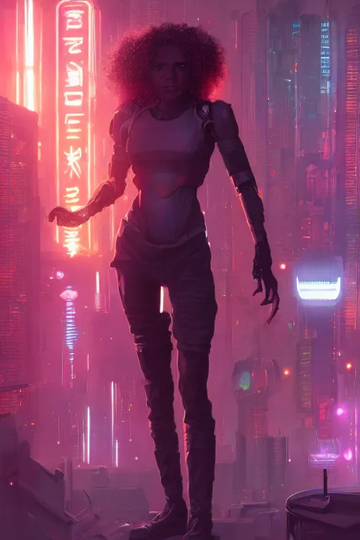 Image similar to portrait of cyborg Hermione Granger in cyberpunk, neon lighting, night city, digital art from artstation by Ruan Jia and Mandy Jurgens and Artgerm and william-adolphe bouguereau and Greg Rutkowski and Wayne Barlowe