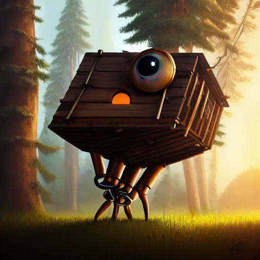 Image similar to a walking wood and metal house with two mechanical legs and two eyes, rust, hyperrealistic, highly detailed, cinematic, single ray of sun, morning, pareidolia, gravity falls style, beautiful, cgssociety, artstation, 8 k, oil painting, digital art