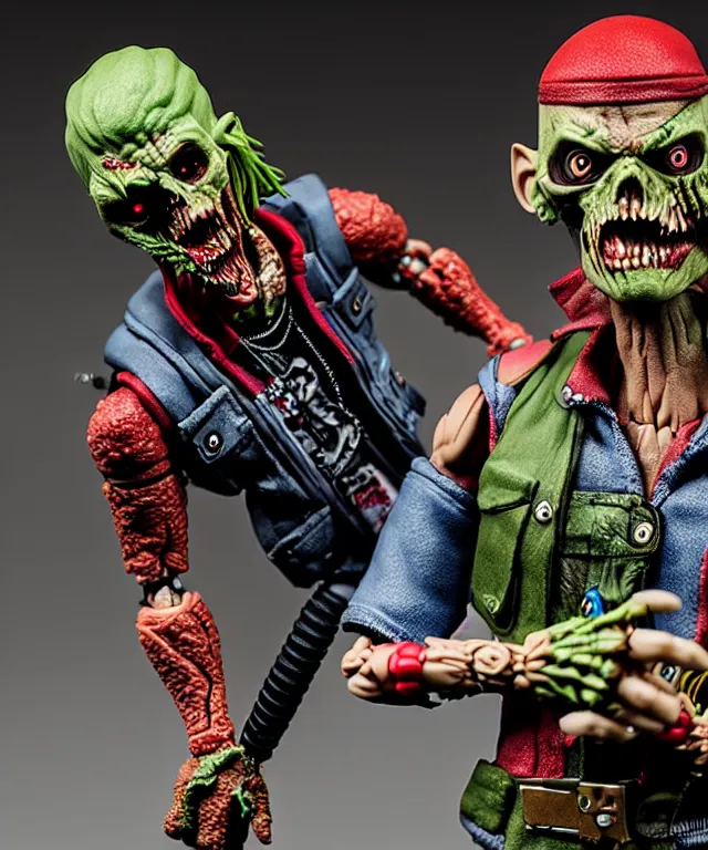 Image similar to hyperrealistic rendering, punk rock zombie is motu action figure, product photography