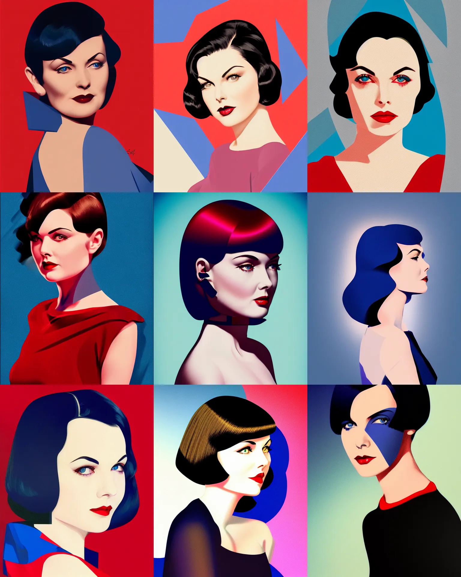 Prompt: sherilyn fenn 2 6 years old combined with mary louise brooks, bob haircut, portrait by stanley artgerm, dramatic lighting, ilya kuvshinov, trending on artstation, flat colour, geometric curves, gradient filter, red and blue back light, art deco pattern