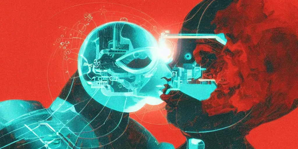 Image similar to vintage science fiction illustration, depicting artificial intelligence, azure color bleed, warm red tones, film grain, lensflare
