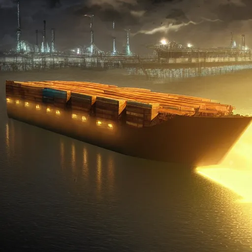 Image similar to photo of Immense industrial futuristic cargo ship arrives at cyber punk city sea port, cinematic lighting, photo