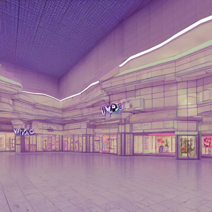 Prompt: vaporwave 9 0 s dreamy empty shopping mall, highly detailed, 3 d render, vray, octane, realistic lighting, photorealistic