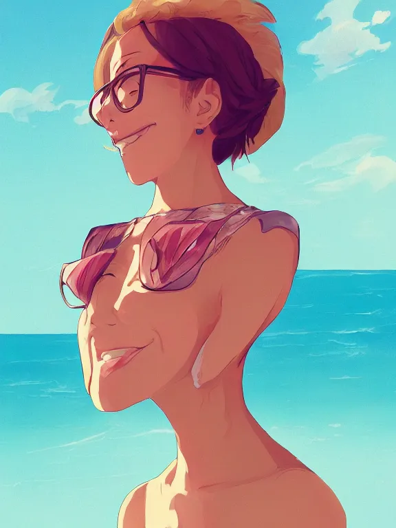 Image similar to Portrait of a happy anime woman on the beach near the ocean, by james gilleard