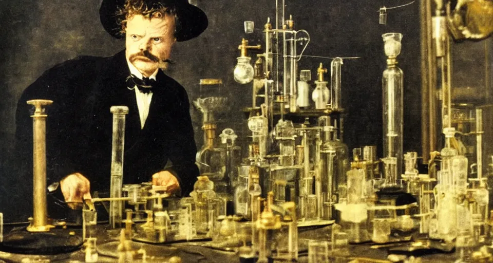 Prompt: august strindberg examines a laboratory filled with alchemy equipment, victorian era, gold dust, depth of field, photorealistic