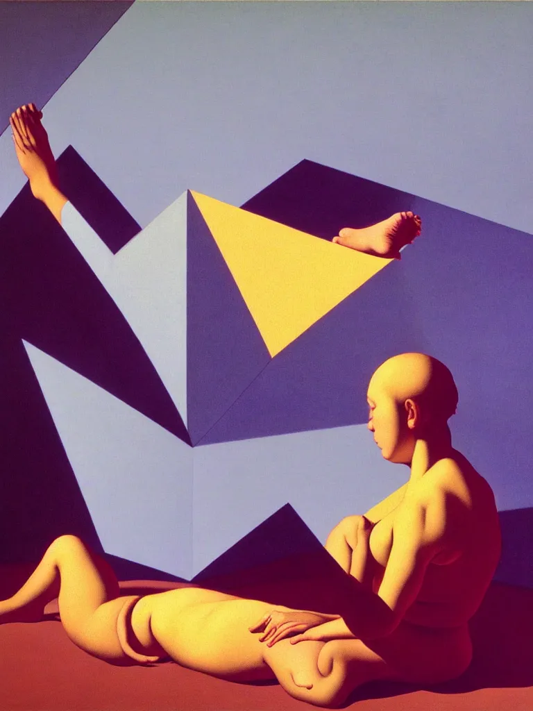 Prompt: hyperrealistic still life wide shot a woman dressed in loose fabric, sitting on the ground relaxing, sacred geometry, light refracting through prisms, by caravaggio, surrealism, vivid colors, serene, golden ratio, rule of thirds, negative space, minimalist composition, by rene magritte and james turrell