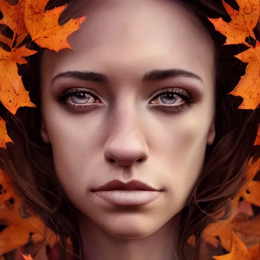 Image similar to gorgeous female stella maeve magician, realistic character concept, medium shot, elegant pose, spooky, illustration, symmetrical face and body, realistic symmetrical eyes, artstation, cinematic lighting, detailed realistic symmetrical eyes, 8 k, charlie bowater, jacob riis, tom bagshaw, single face, insanely detailed and intricate elegant, autumn leaves