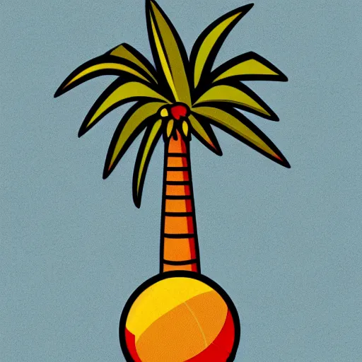 Image similar to waves in bottom front of a palm tree, a giant volleyball with seams in the background, vector logo, professional sports style, flat colour, svg, professional, sharp edges