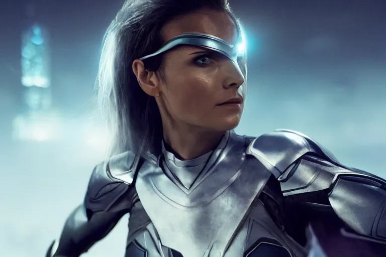 Prompt: VFX movie closeup portrait of a futuristic hero woman in spandex armor in future city, hero pose, beautiful skin, night lighting by Emmanuel Lubezki
