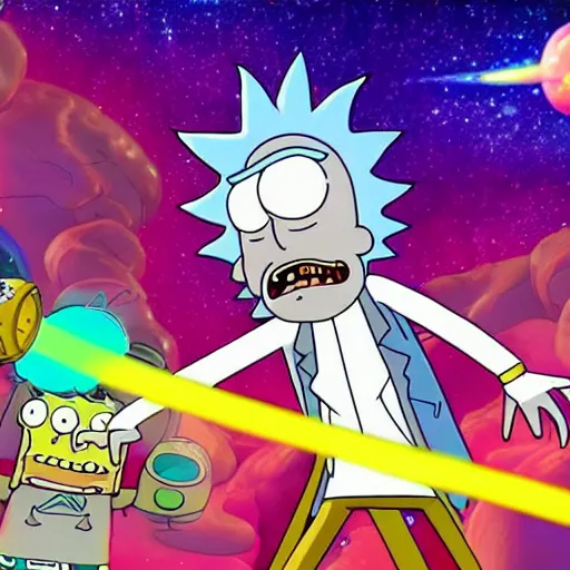 Prompt: rick and morty battle spongebob squarepants in space, galaxy, hd, explosions, gunfire, lasers, spatula, giant, epic, showdown, colorful, realistic photograph, unreal engine, movie