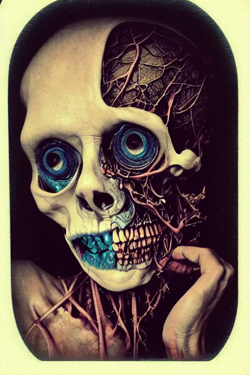 Prompt: an old polaroid photography of a very sad and detailed rotten woman corpse with fractal ornate growing around her face muscles, veins, arteries, bones, anatomical, skull, eye, ears, intricate, surreal, ray caesar, john constable, guy denning, dan hillier