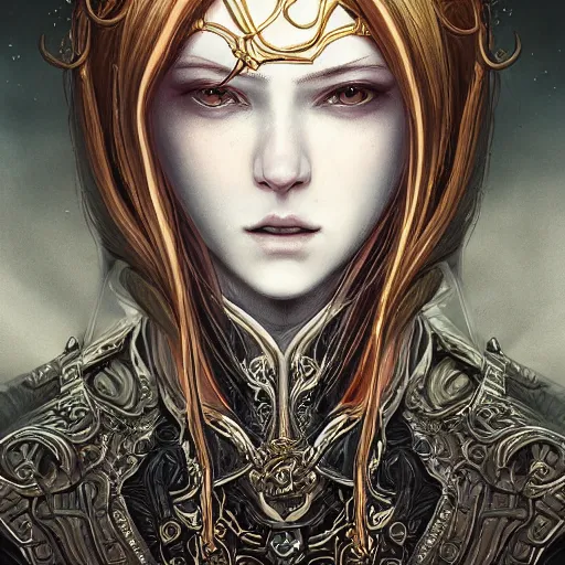 Prompt: portrait of a ranni from elden ring, baroque style, elegant, beautiful, mesmerizing, concept art, fancy clothing, highly detailed, artstation, behance, deviantart, inspired by innocent manga, inspired by castlevania concept art, trending, ayami kojima, shinichi sakamoto