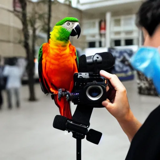 Prompt: a parrot dressed as a reporter reporting the news on tv