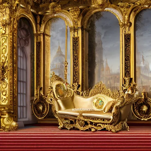 Image similar to 8k highly detailed oil matte painting by Charles Landelle of A French Bulldog King, decadent throne room, ornate furniture, ornate French architecture