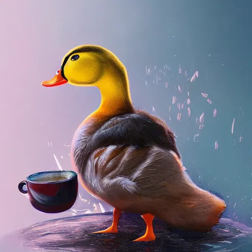 Image similar to duck drinks energy napiokmonstr energy, concept art, wlop, digital painting, trending on artstation, highly detailed, epic composition, official media, 8 k uhd