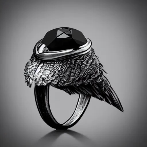 Prompt: silver ring with an engraved bird with a black gem on it's back it, highly detailed, digital painting, trending on artstation, concept art, sharp focus, illustration, art by artgerm and greg rutkowski and magali villeneuve